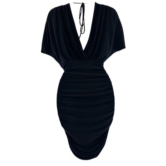 Sabora Black Ruched Belted V-Neck Dress Size M - Picture 3 of 10